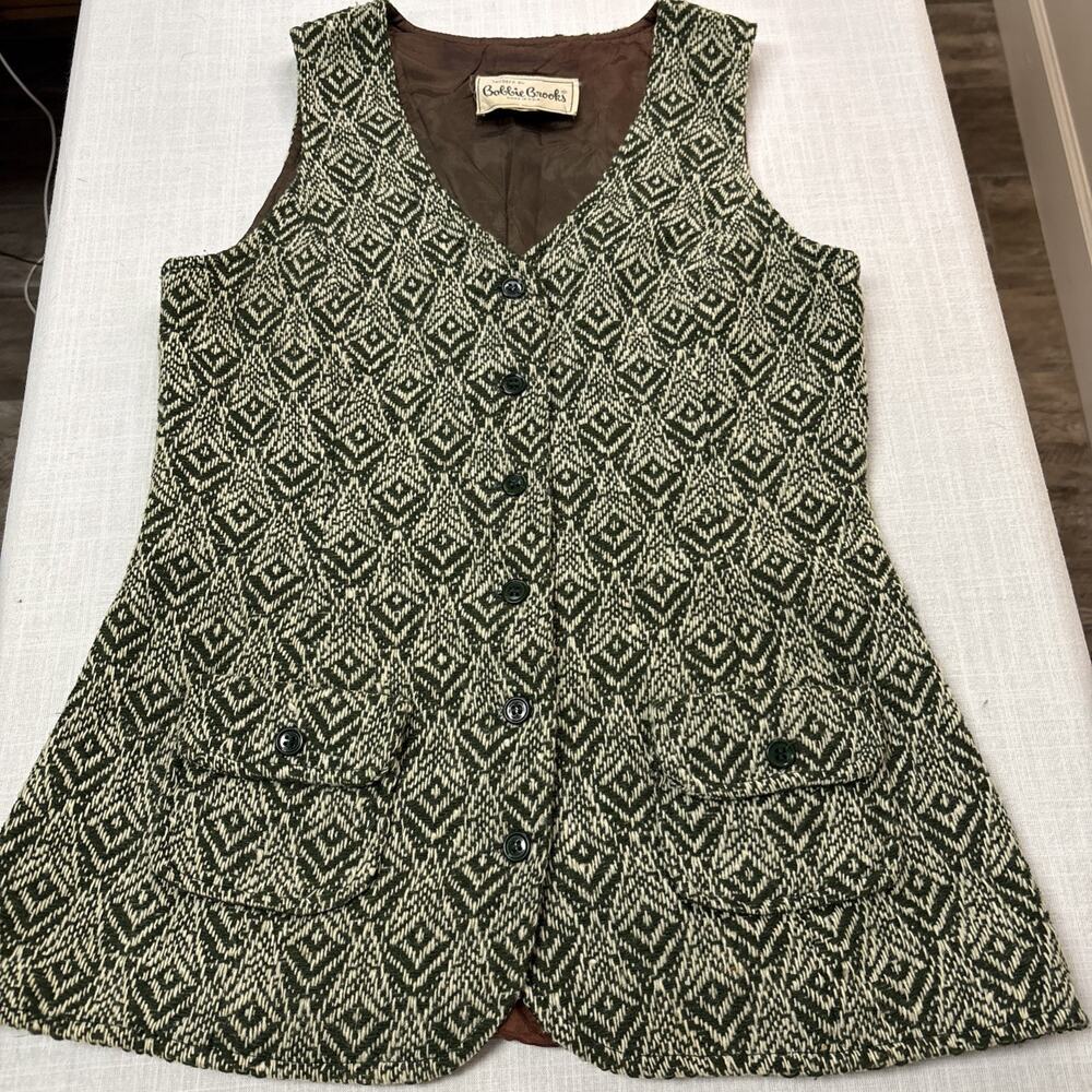 Vintage 70s Bobbie Brooks Wool Vest Green Woven Geometric Boho Hippie Waistcoat - Picture 13 of 16